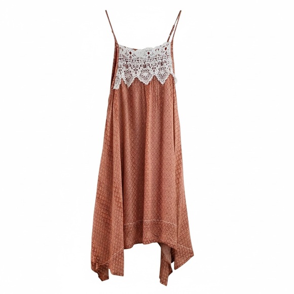 Alya Dresses & Skirts - Alya Boho Rust Diamond Print Crochet Lace Trim Slip Boho Dress Medium
